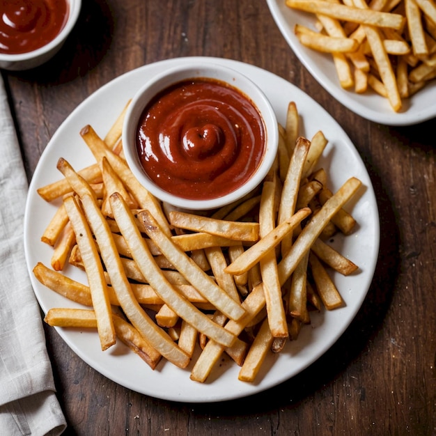 a plate of french fries and ketchup on a table