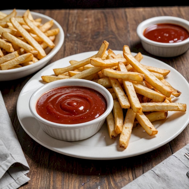 a plate of french fries and ketchup on a table