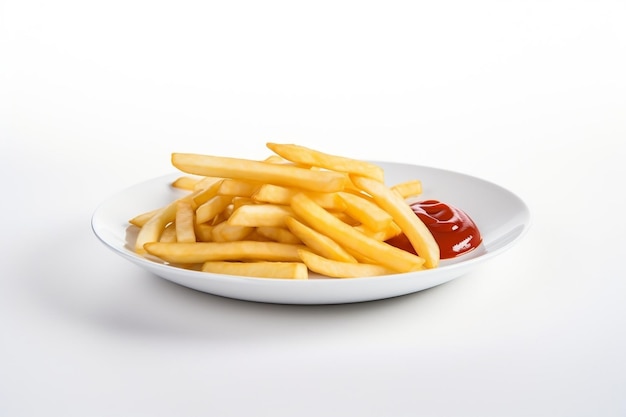 a plate of french fries and a ketchup on a white background