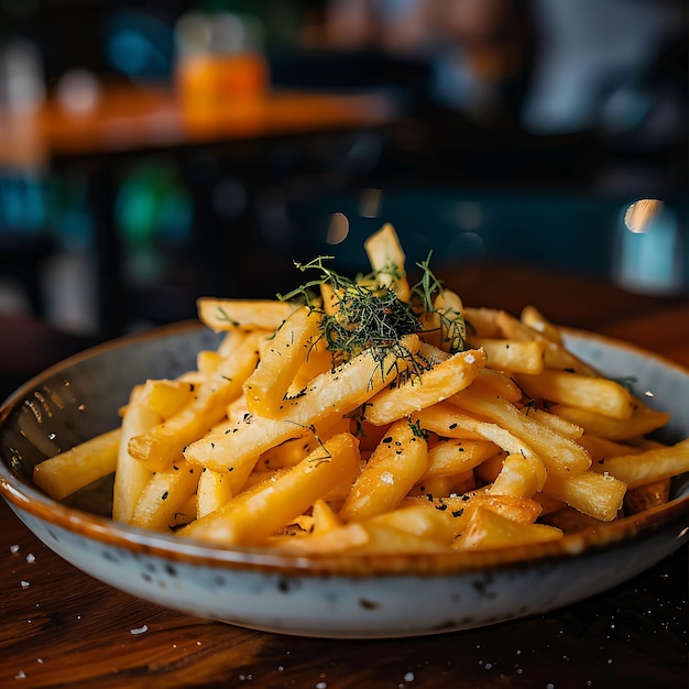 A plate of french fries resturant background