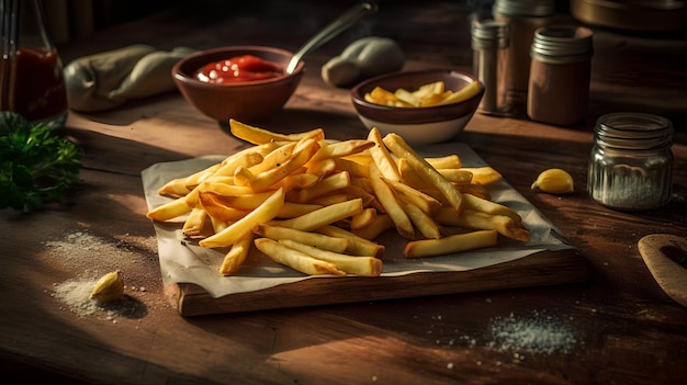 A plate of french fries sits on a wooden table with a pile of french fries on it.