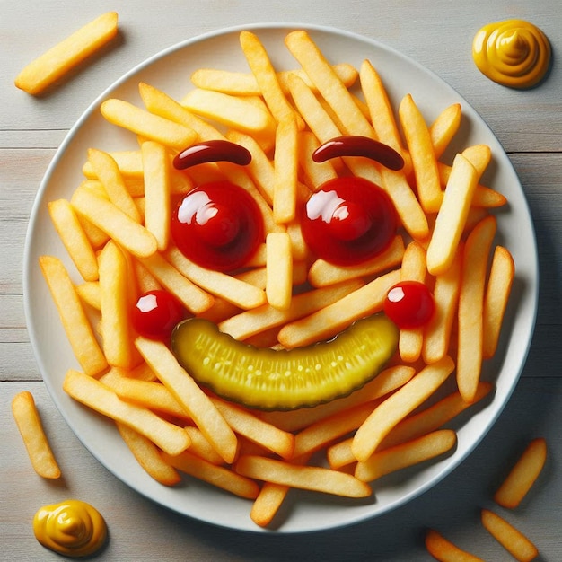 a plate of french fries and a smiley face with a face drawn on it