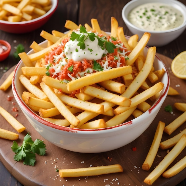 a plate of french fries with cheese and ketchup on it