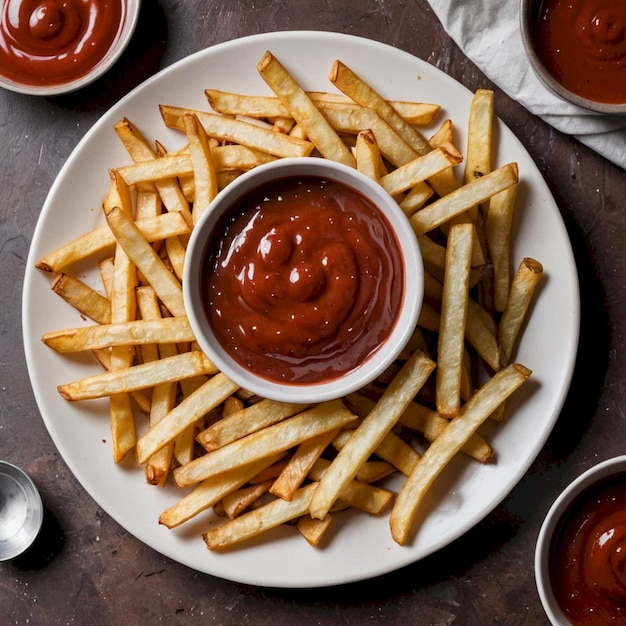 a plate of french fries with ketchup on it