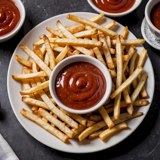 a plate of french fries with ketchup and ketchup on it