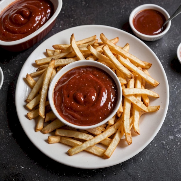 a plate of french fries with ketchup and ketchup on it