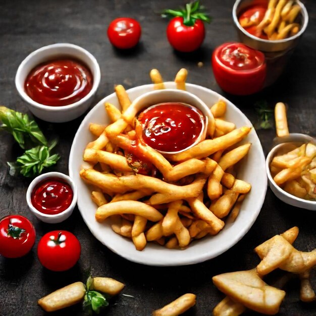 a plate of french fries with ketchup and ketchup