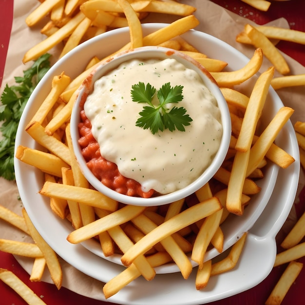 a plate of french fries with parsley on top of it