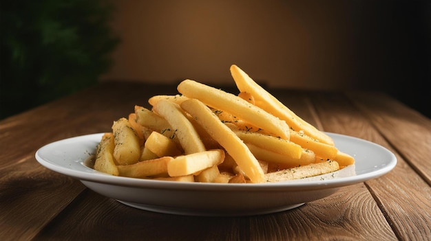 a plate of french fries with a pile of fries on it