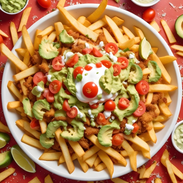 a plate of french fries with a red ball on top of it