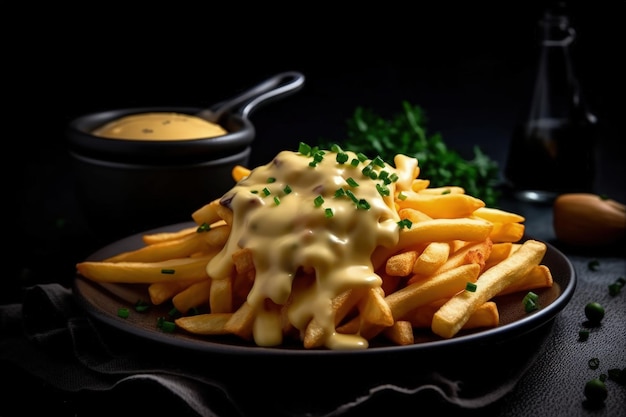 A plate of french fries with a sauce on it and a bottle of parsley on the side