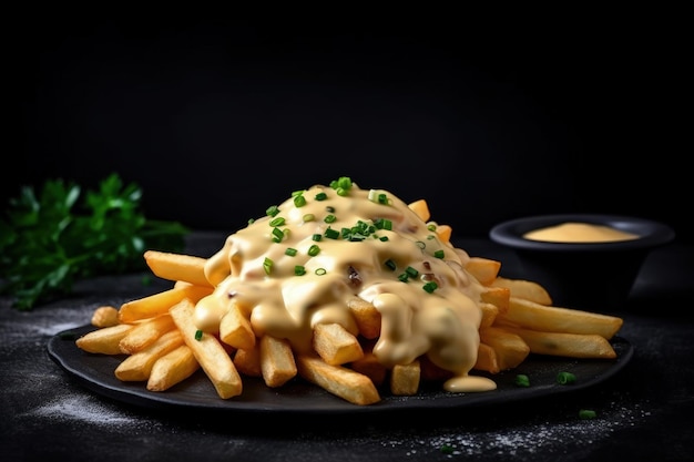 A plate of french fries with a sauce on it