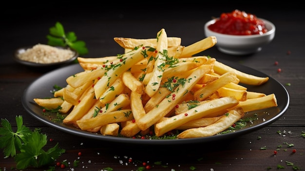 A plate of french fries with a side of ketchup on the side.