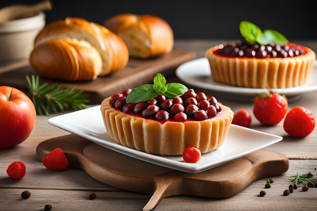 A plate of french pastries with a strawberry tart on top