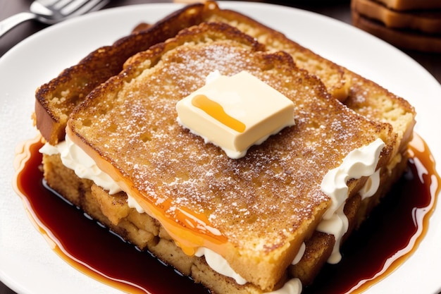 A plate of french toast with a pat of butter on top.