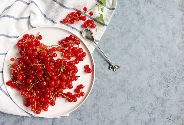 Plate of fresh currant over wet gray background Flat lay concept