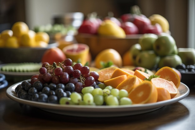 Plate of fresh fruits and vegetables with other foods in the background created with generative ai