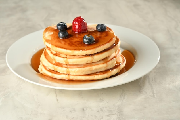 plate of fresh pancakes with berries, pancake, delicious breakfast, local sweets, sugars, fresh