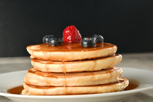 plate of fresh pancakes with berries, pancake, delicious breakfast, local sweets, sugars, fresh