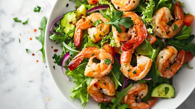 A plate of fresh salad with grilled shrimp cucumber and red onion