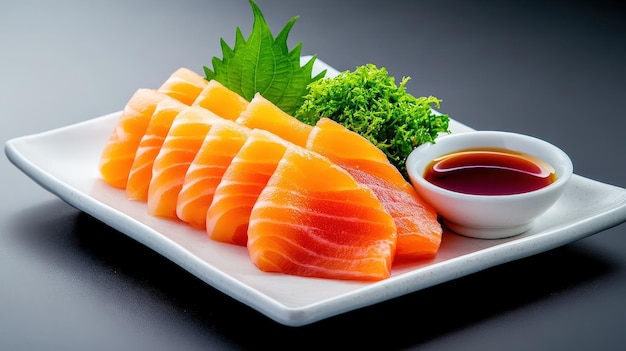 A plate of fresh salmon sashimi with garnishes and dipping sauce