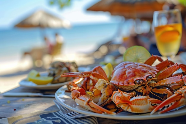 Photo plate of fresh seafood on a beachside table with a scenic ocean view perfect for a summer meal