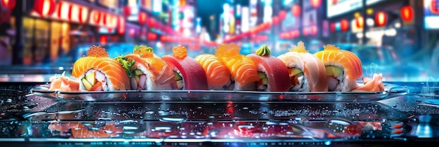 Photo a plate of fresh sushi rolls sits against a backdrop of a bustling city at night symbolizing t