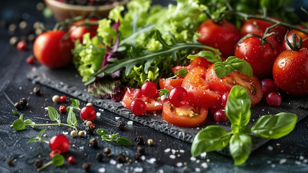 A plate of fresh vegetables including tomatoes lettuce and basil