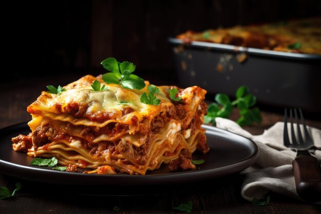 Plate of freshly baked lasagna ready to be cut and served created with generative ai