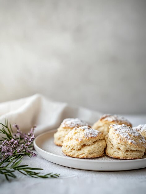 Photo a plate of freshly baked scones dusted with powdered sugar accompanied by delicate flowers