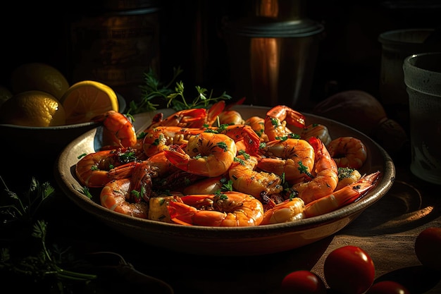 Plate of freshly cooked large shrimp ready to be served as a delicious seafood dish Generative AI