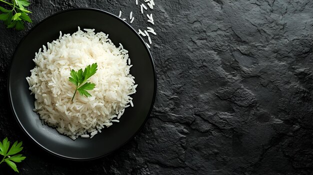 Photo a plate of freshly cooked white rice with a sprig of parsley on a dark background