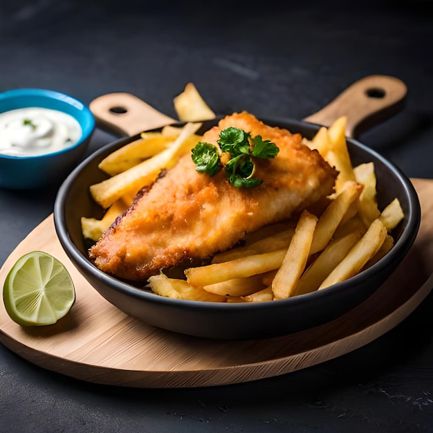 A plate of freshly fried fish chips topped with sauce and a side of crunchy french fries