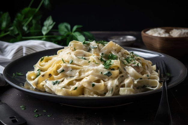 Plate of freshly made fettuccine topped with creamy sauce herbs