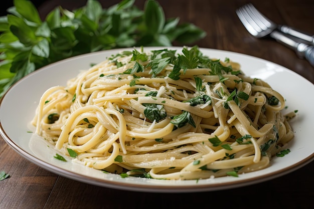 Plate of freshly made linguine tossed with fresh herbs and garlic