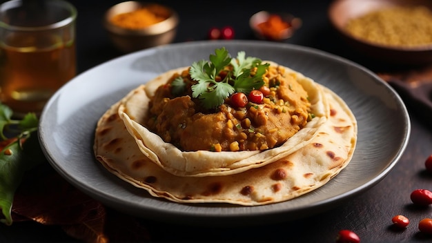 Plate of freshly made mauritius dholl puri with spiced lentils and chutney