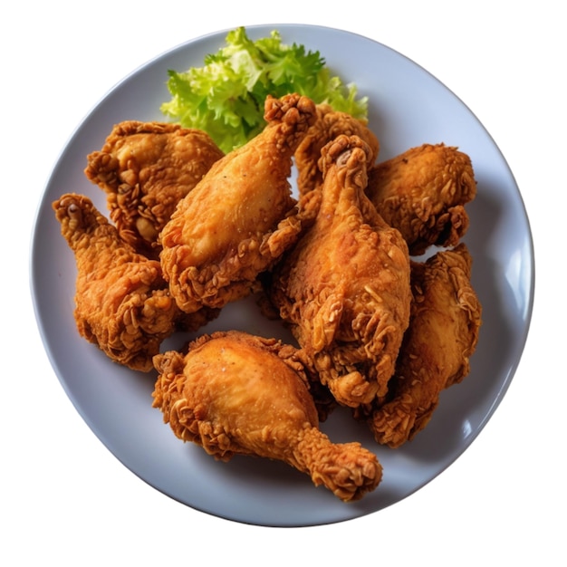 a plate of fried chicken and broccoli with a white background