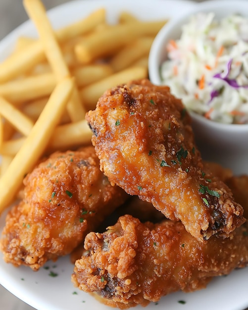 a plate of fried chicken french fries and a cup of coleslaw