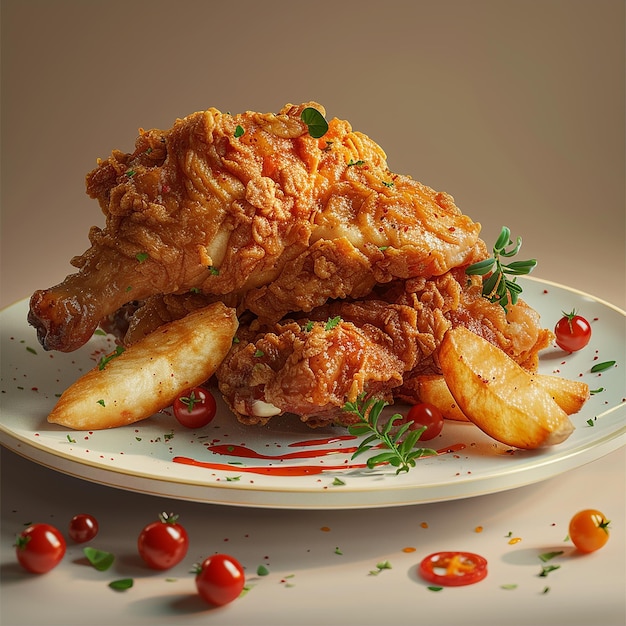 a plate of fried chicken french fries and tomatoes