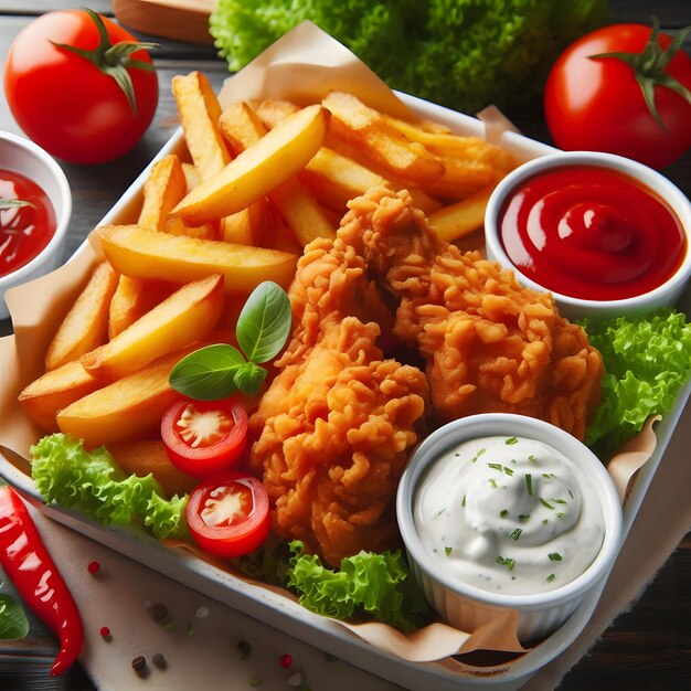 A plate of fried chicken French fries with tomato ketchup presented in a cinematic composition