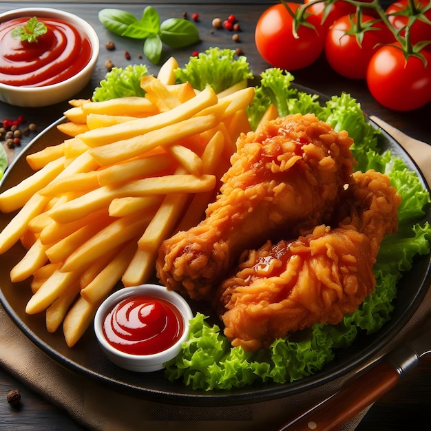 A plate of fried chicken French fries with tomato ketchup presented in a cinematic composition