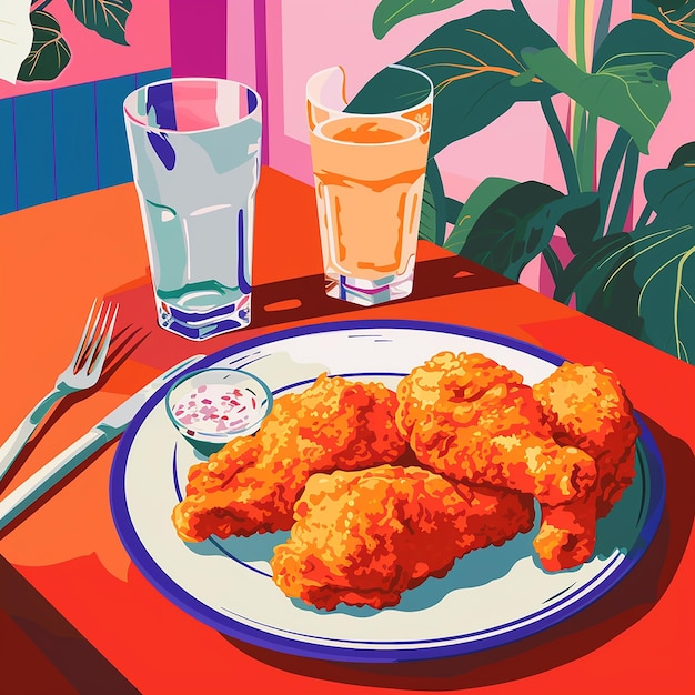 Photo a plate of fried chicken and a glass of water on a table