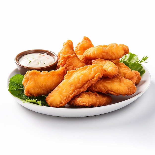 a plate of fried chicken and salad with a dipping sauce