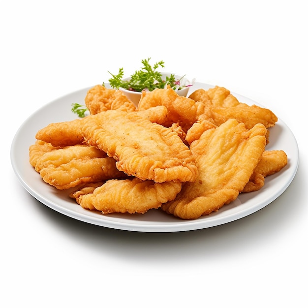 a plate of fried chicken and salad with a green garnish