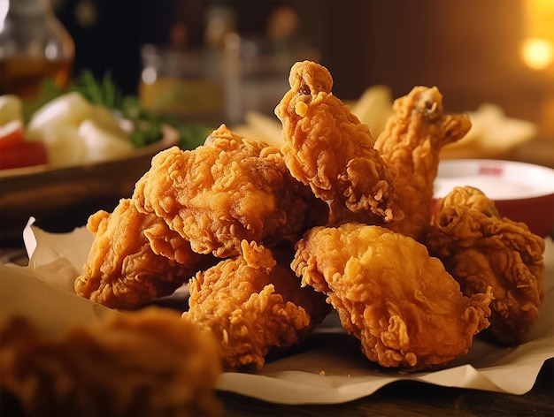 A plate of fried chicken sits on a table with a basket of food on it.