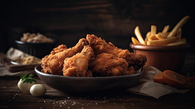 A plate of fried chicken sits on a table with a sign that says'chicken '