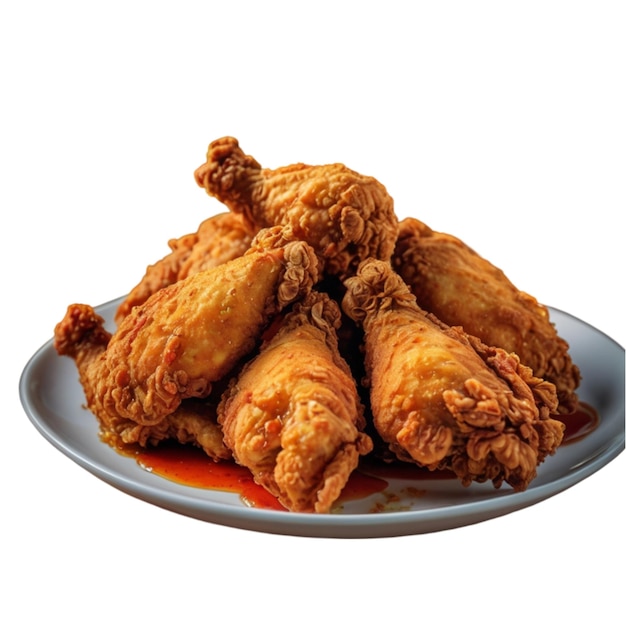 a plate of fried chicken on a white background with a red sauce