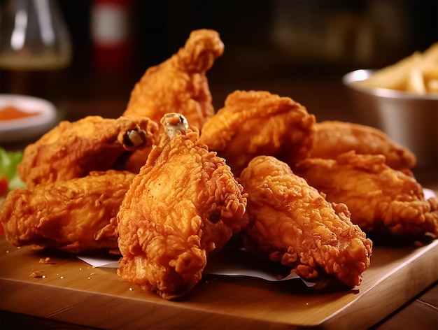 A plate of fried chicken with a bowl of chips in the background