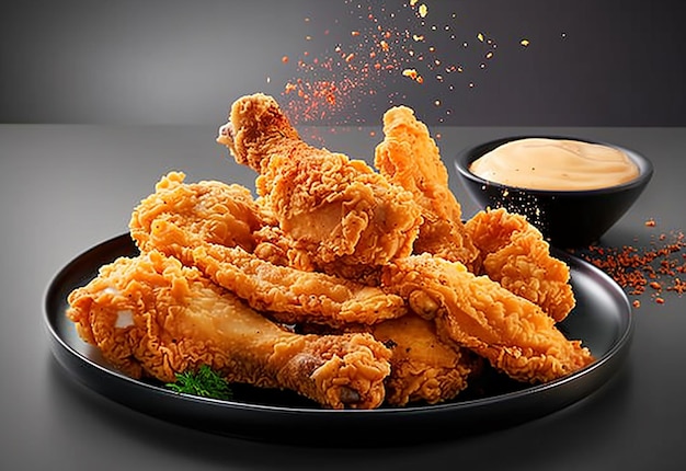 a plate of fried chicken with a bowl of dipping sauce