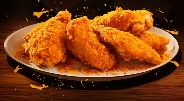 A plate of fried chicken with dipping sauce